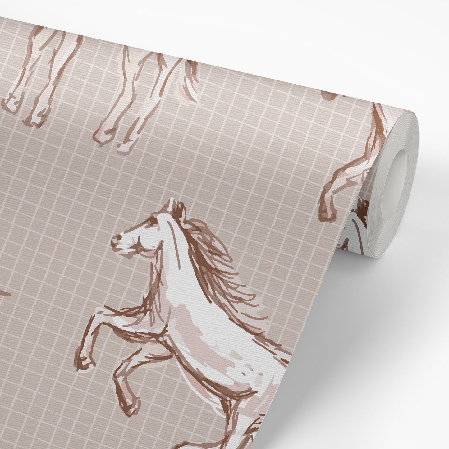 Wild Horses Wallpaper in Beige shown on a wallpaper roll.