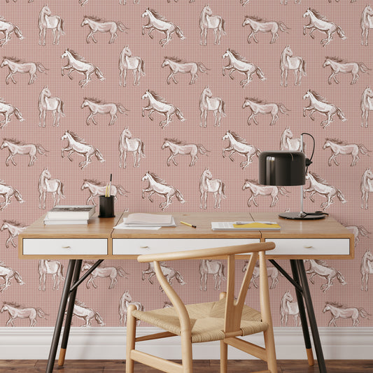 Wild Horses Wallpaper in Blush featured in an office.