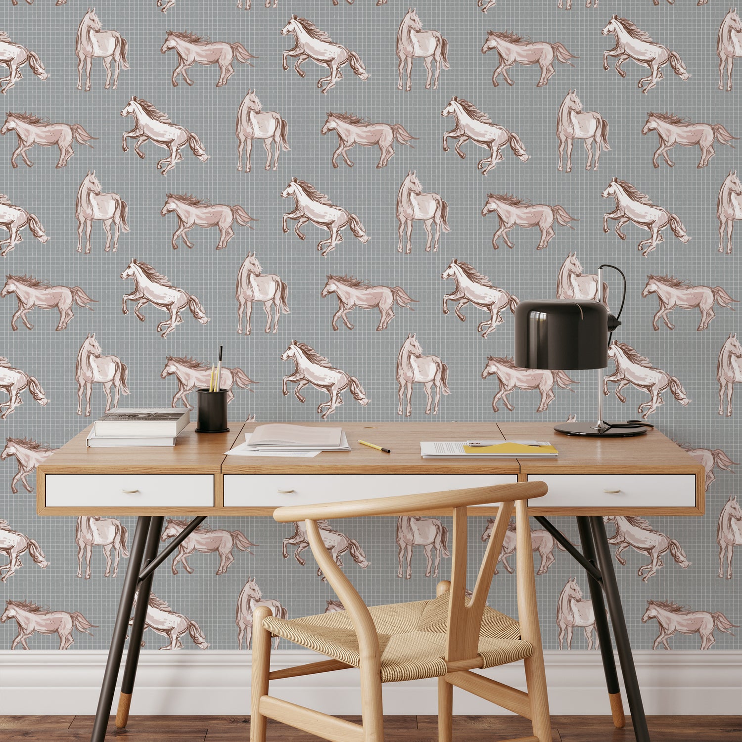 Wild Horses Wallpaper in Denim shown in an office.