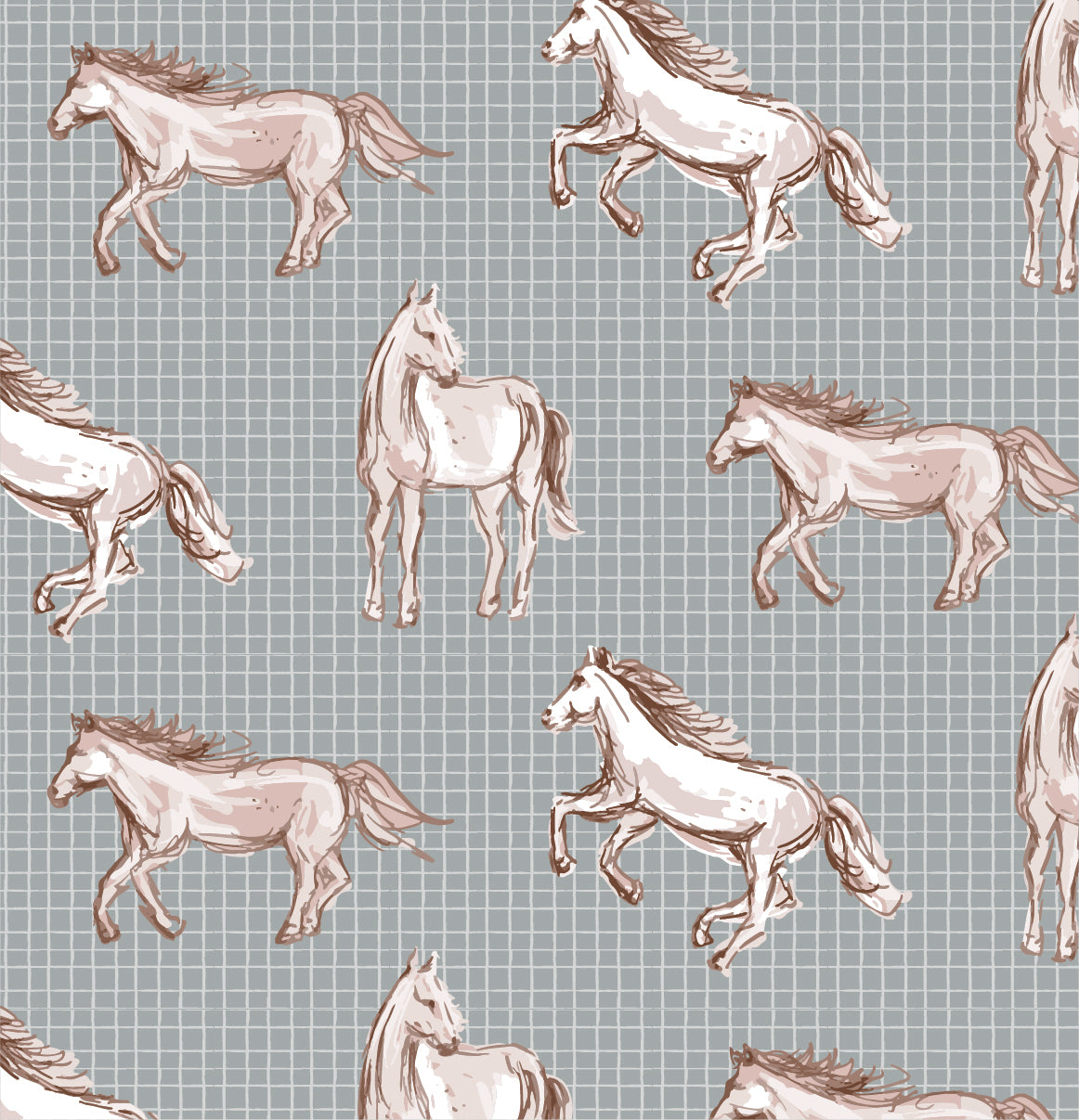 Wild Horses Wallpaper in Denim shown close up.