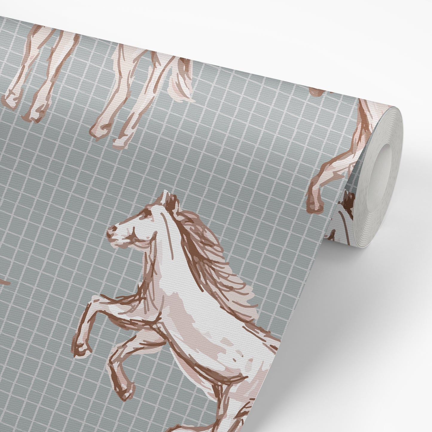 Wild Horses Wallpaper in Denim shown on a wallpaper roll.