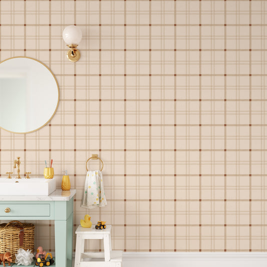 Bathroom featuring Cayla Naylor Anchorage- Dogwood Peel and Stick Wallpaper - a plaid pattern
