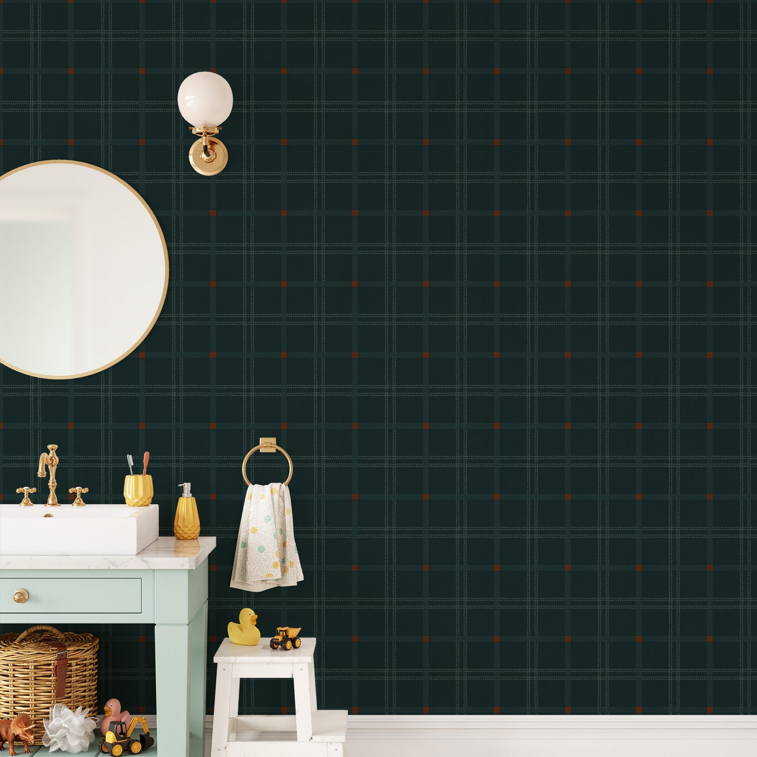 Bathroom featuring Cayla Naylor Anchorage- Forest Peel and Stick Wallpaper - a plaid pattern