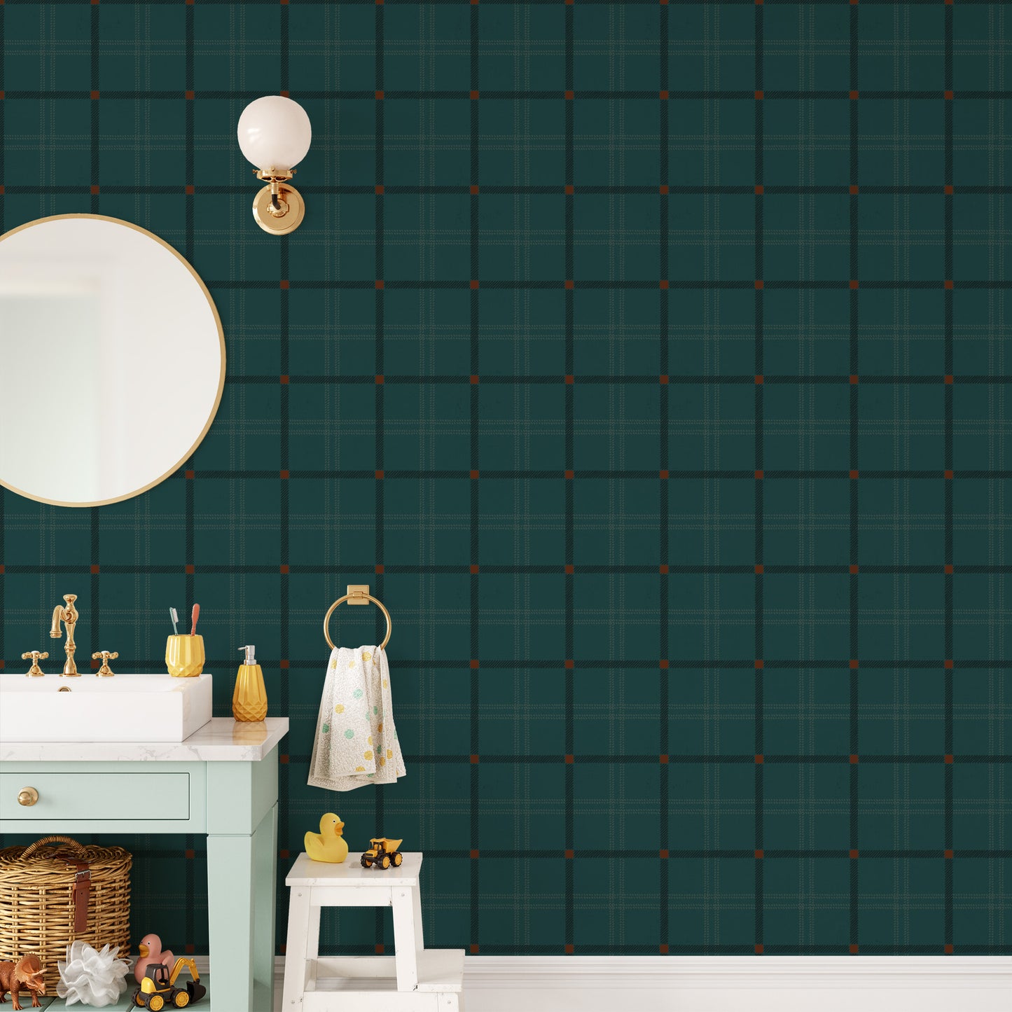 Bathroom featuring Cayla Naylor Anchorage- Seaworthy Peel and Stick Wallpaper - a plaid pattern
