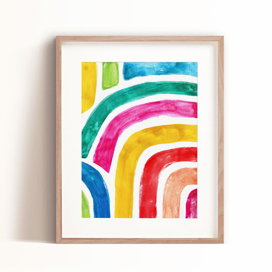 Our Abstract Rainbow art print presents bold and bright colors that kids will love to see in any room of your home.