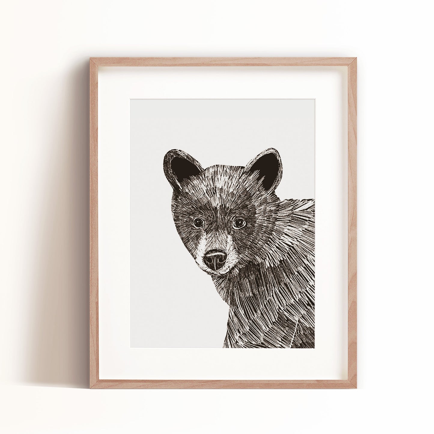 Bear art print for nursery or kids room featured in timelines and traditional black and white.