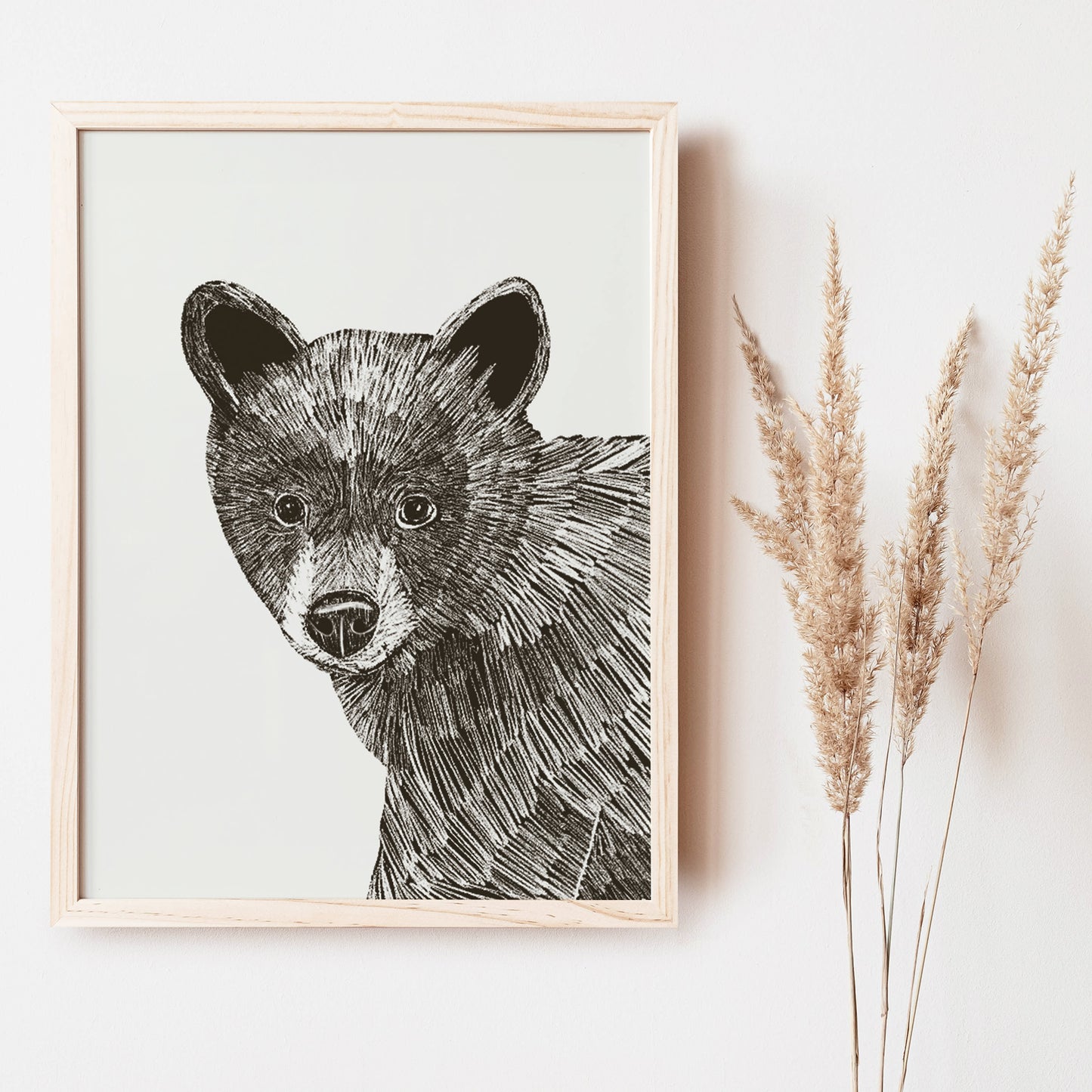 Bear art print for nursery or kids room featured in timelines and traditional black and white.