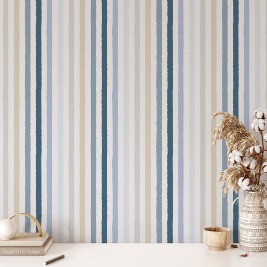 Bedroom featuring Iris + Sea Bold Stripe- Blue - a striped pattern