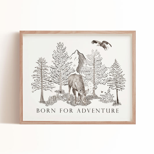 Playful Born for Adventure art print features a natural scene including a moose and eagle that is the perfect compliment to your kids room.