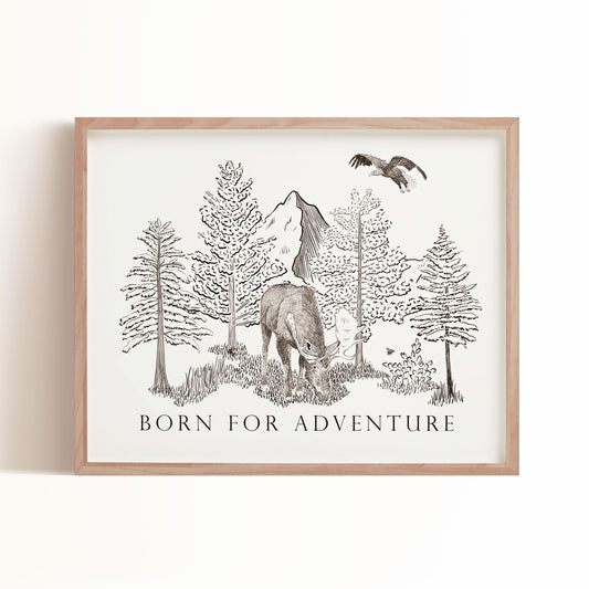 Playful Born for Adventure art print features a natural scene including a moose and eagle that is the perfect compliment to your kids room.