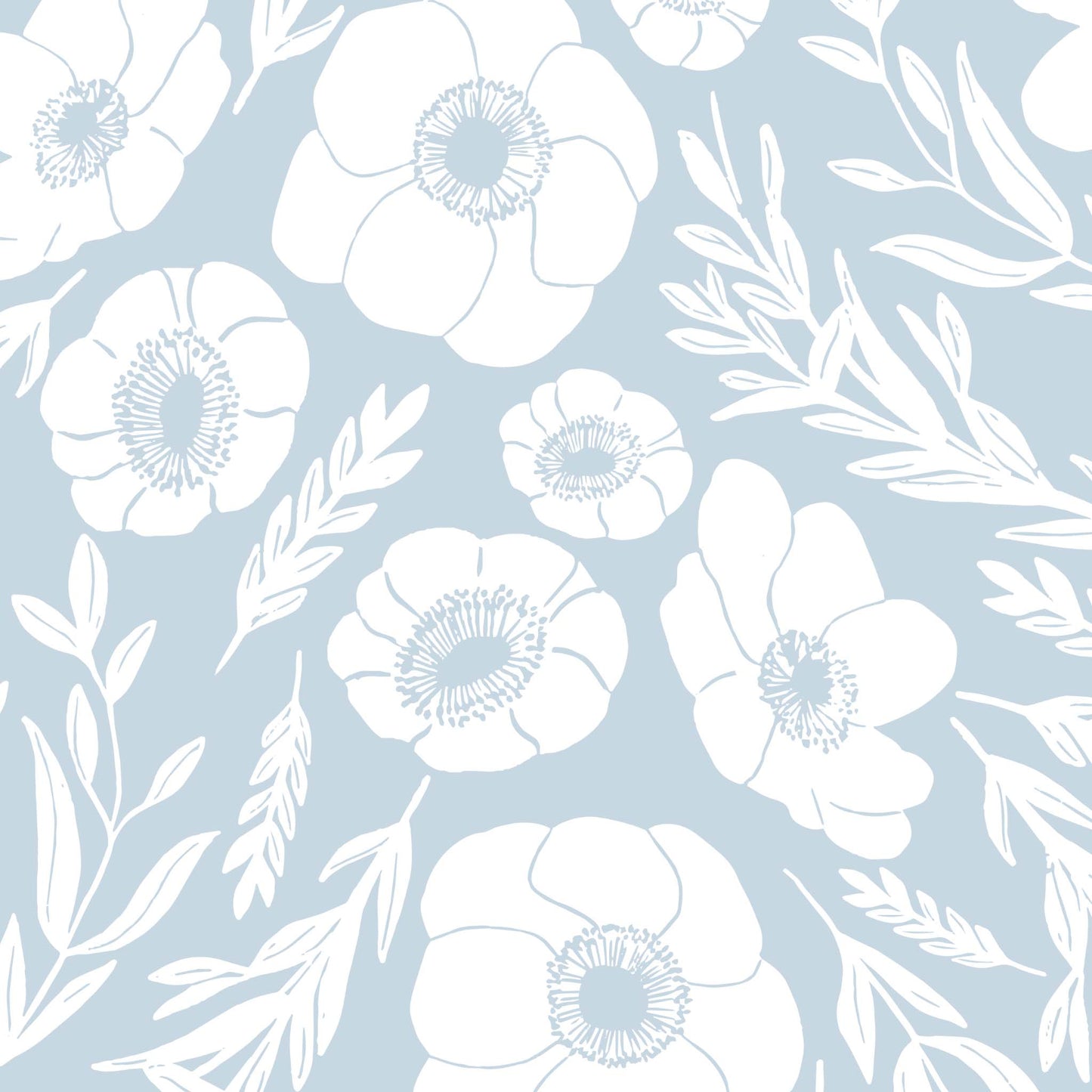 Winter Poppies Wallpaper - Dusty Blue
