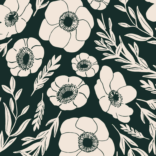 Winter Poppies Wallpaper - Forest Green