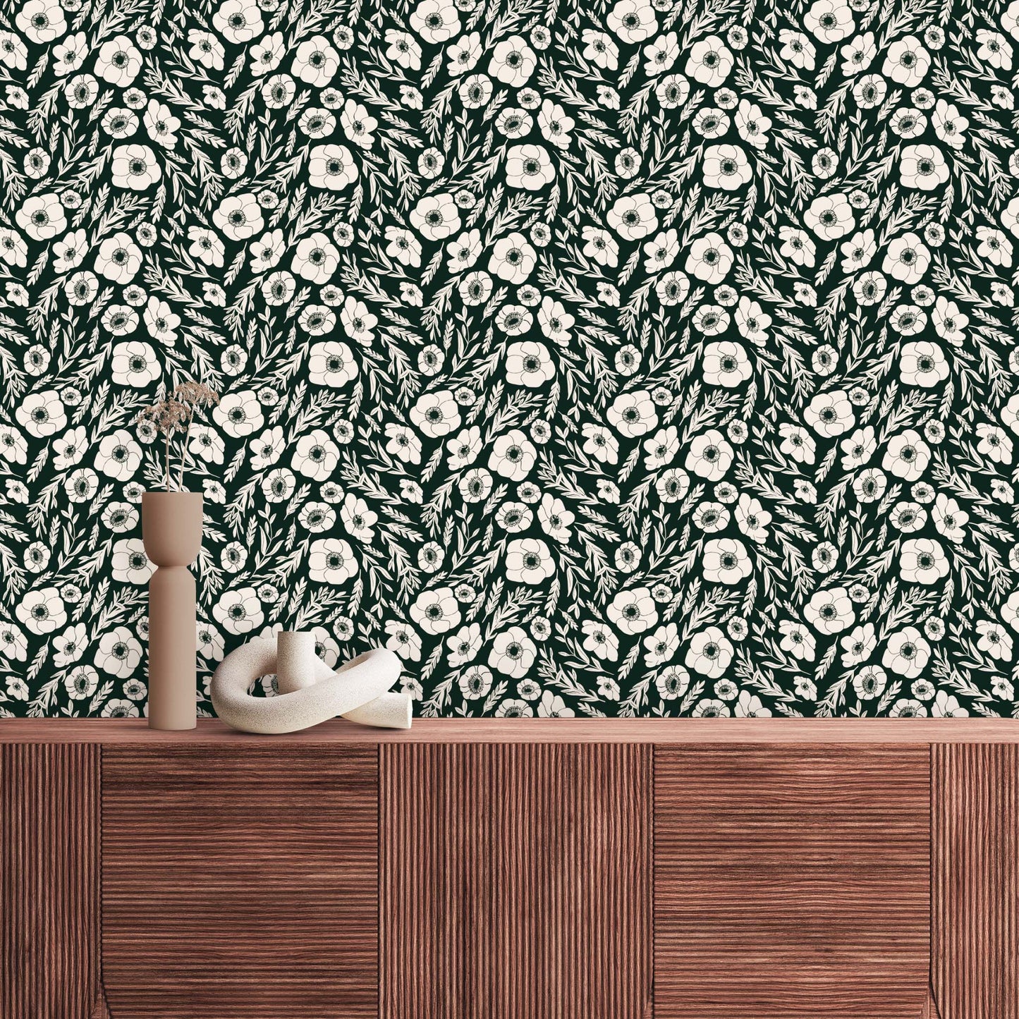 Winter Poppies Wallpaper - Forest Green