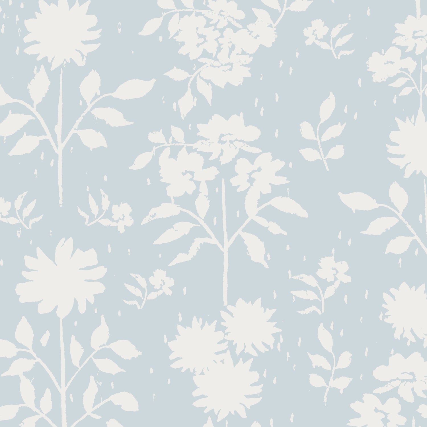 Close up of white florals on light blue background on high-quality peel and stick wallpaper
