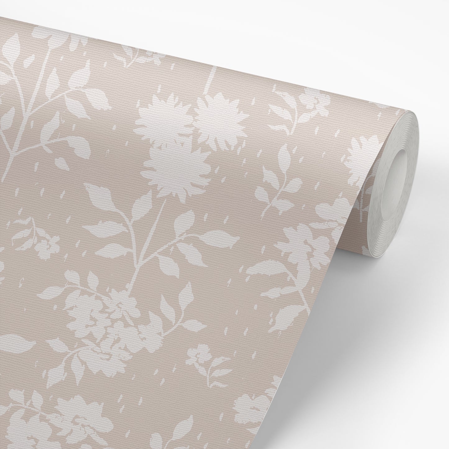 Stunning white floral design on nude background on a luxury roll of designer wallpaper