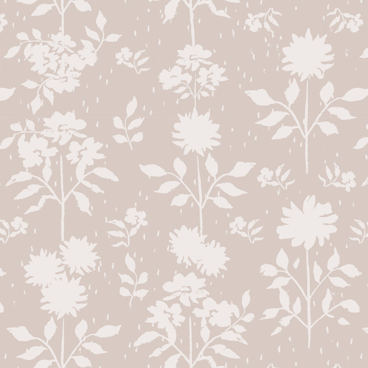 Close up view of delicate white florals on nude colored background on designer quality wallpaper
