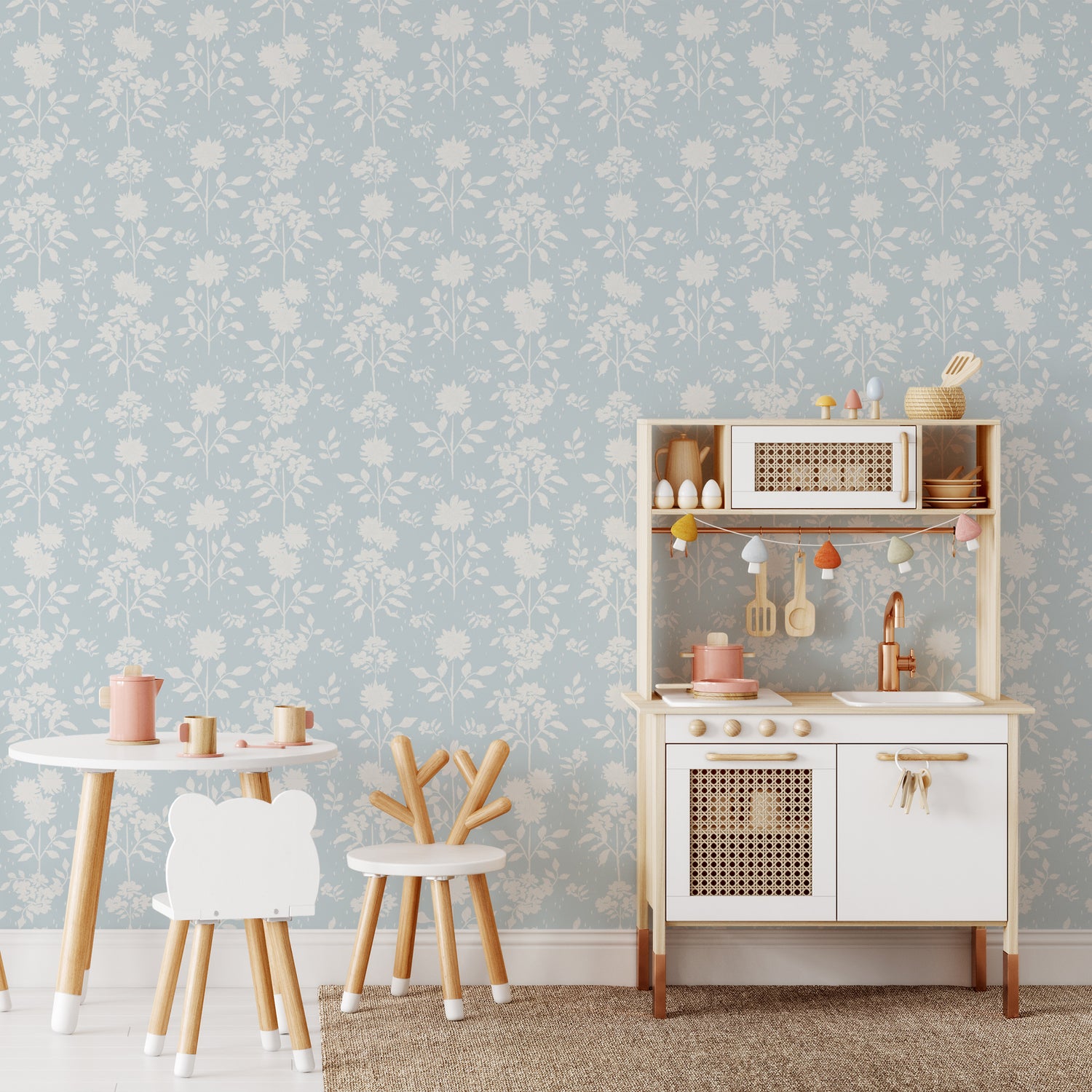 Blue peel and stick wallpaper with delicate white floral pattern, adding a touch of elegance and beauty to any space.