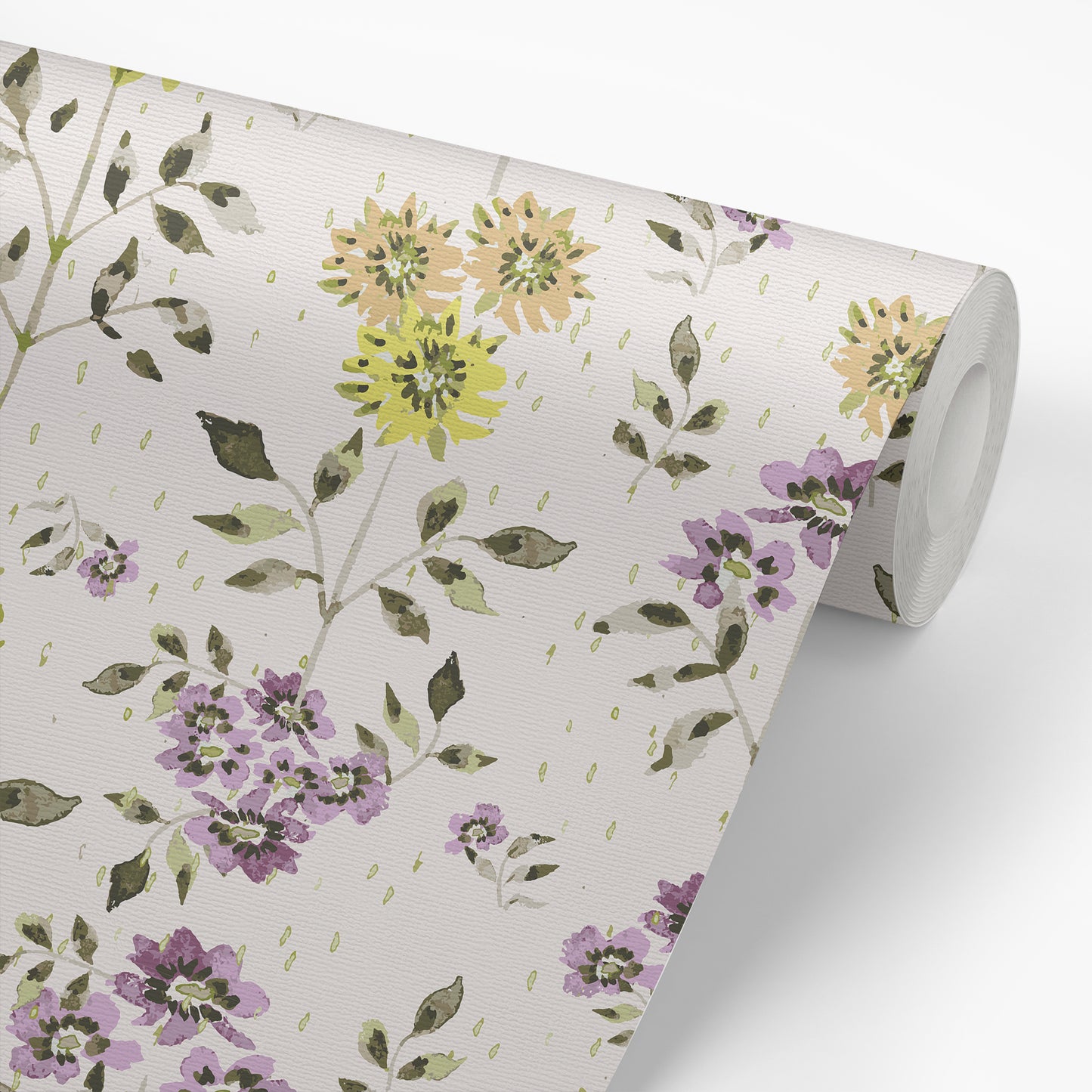 Picture of wallpaper on roll of peel-and-stick high-quality floral print with lavender, yellow, and orange blooms.