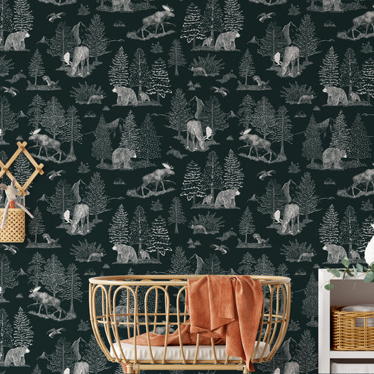 Bedroom featuring Cayla Naylor Denali- Forest Peel and Stick Wallpaper - a nature inspired pattern
