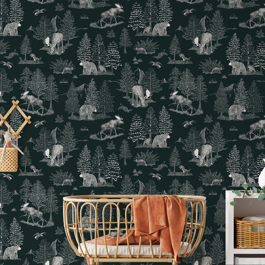 Bedroom featuring Cayla Naylor Denali- Forest Peel and Stick Wallpaper - a nature inspired pattern