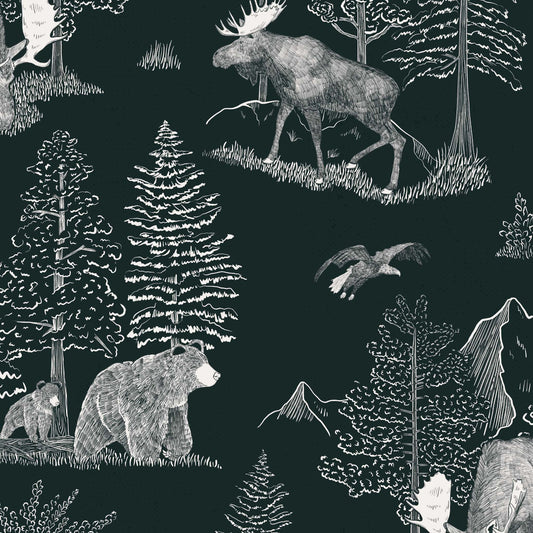 Close up featuring Cayla Naylor Denali- Forest Peel and Stick Wallpaper - a nature inspired pattern