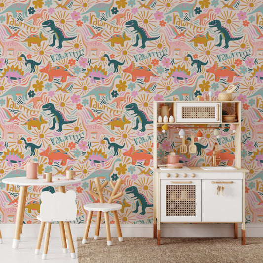 Bedroom featuring Iris + Sea Dino Daydreams- Dark Multi a dinosaur pattern