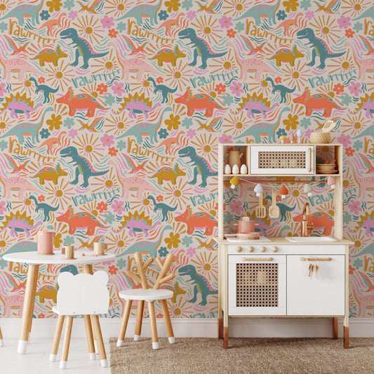 Bedroom featuring Iris + Sea Dino Daydreams- Light Multi a dinosaur pattern