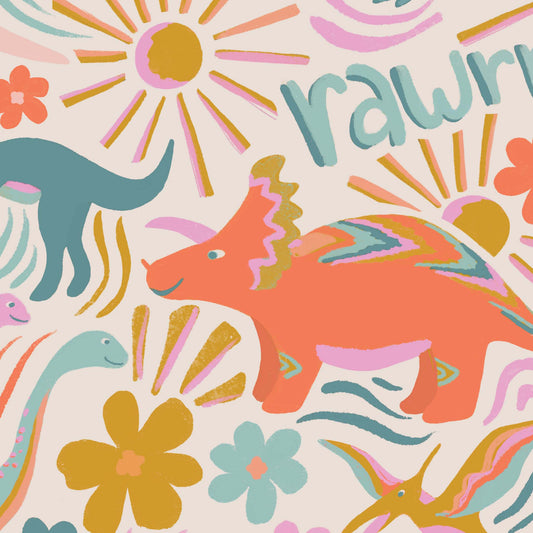 Close up featuring Iris + Sea Dino Daydreams- Light Multi a dinosaur pattern