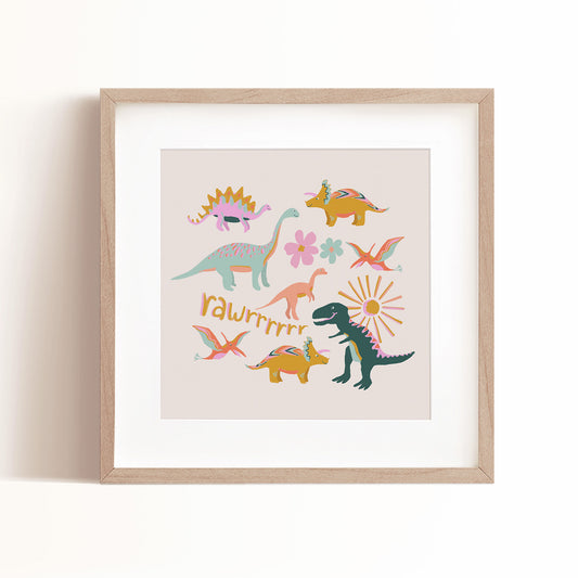 Fun, colorful dinosaurs come to life in this Dinos art print designed by Iris + Sea for Ayara.