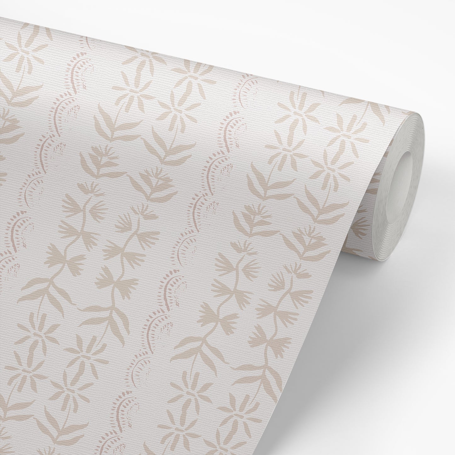 Wallpaper roll featuring Emeline Bone design with elegant neutral colors and hand-painted florals.