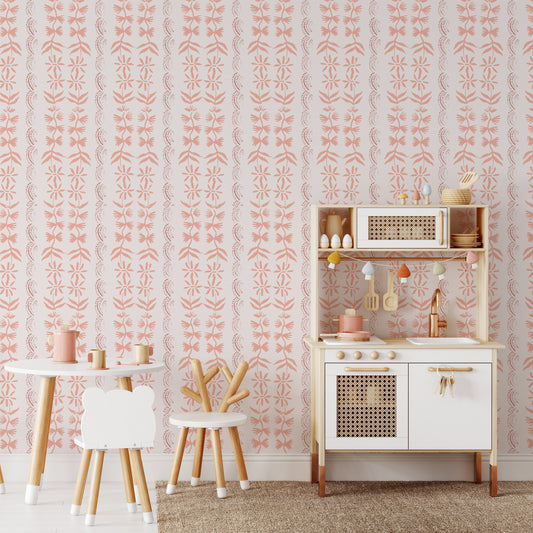 Kids bedroom featuring Emeline in dusk that beautifully highlights a unique floral design with breathtaking shades of peach, rose, and cream.