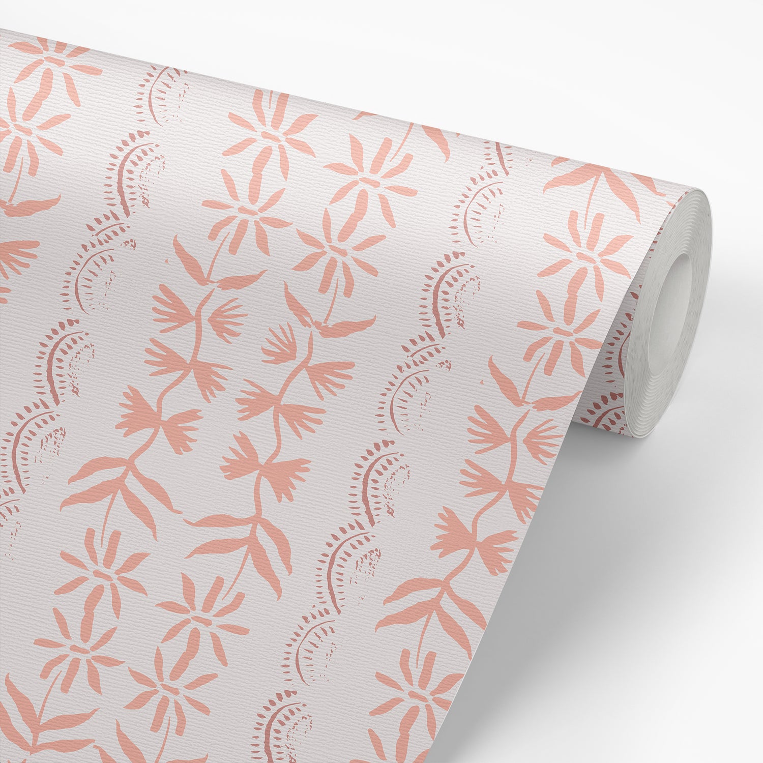 Wallpaper roll featuring Emeline in dusk that beautifully highlights a unique floral design with breathtaking shades of peach, rose, and cream.