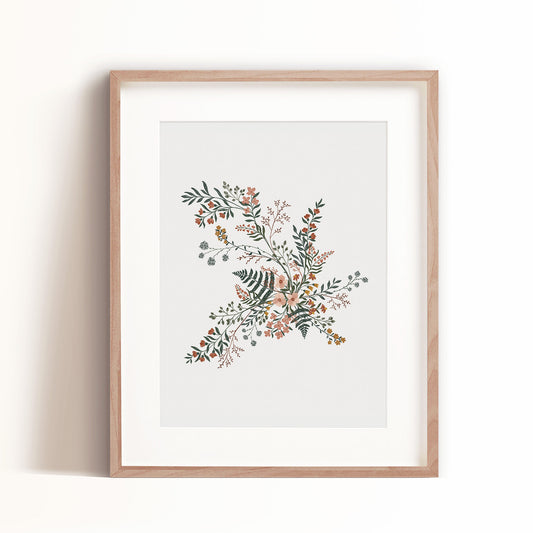 Art print of Floral I featured in a wooden frame that depicts a beautiful bouquet of fresh-picked flowers from the meadow.