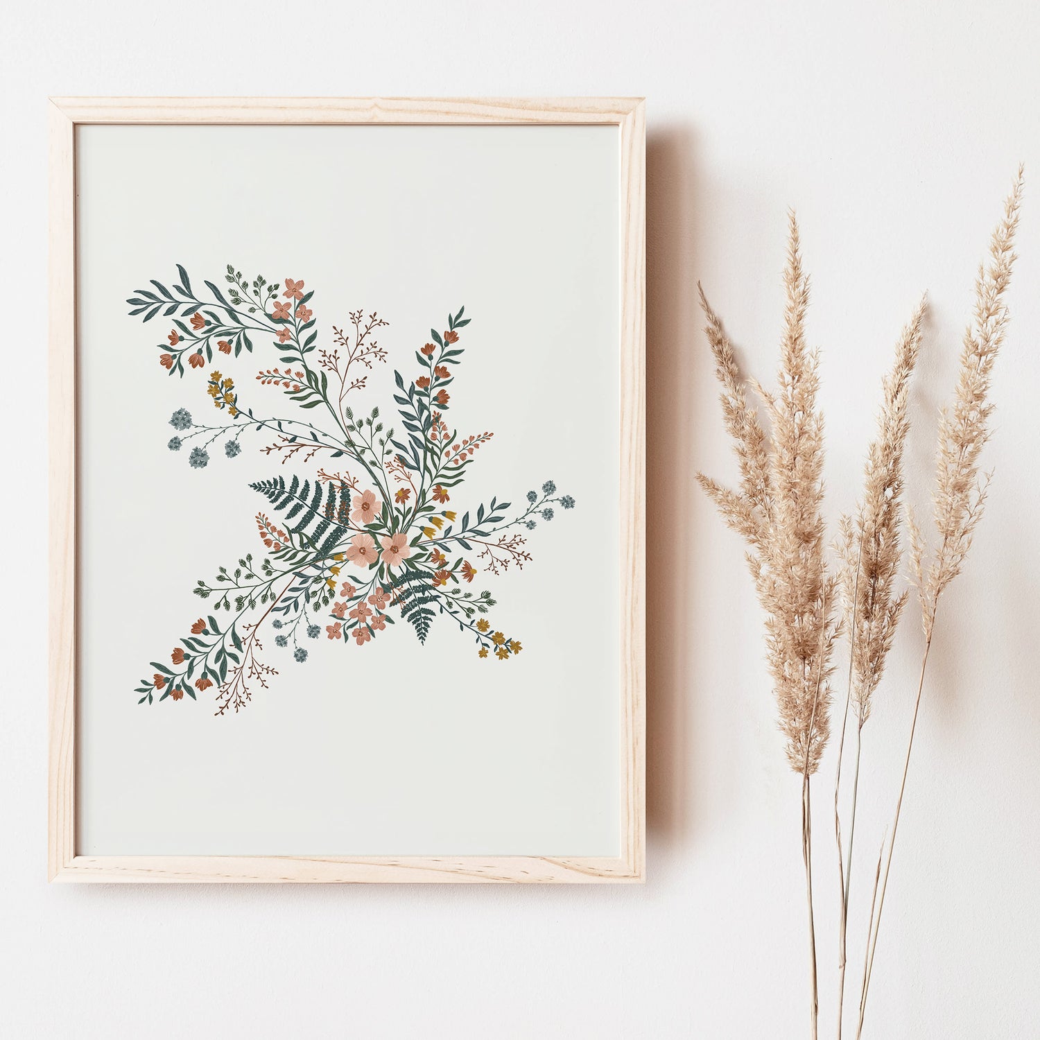 Art print of Floral I featured in a wooden frame that depicts a beautiful bouquet of fresh-picked flowers from the meadow.