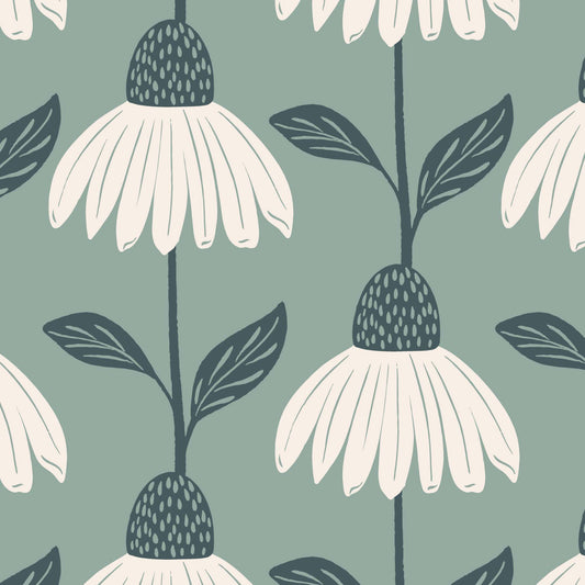 Garden Cosmos Wallpaper - Pine Green