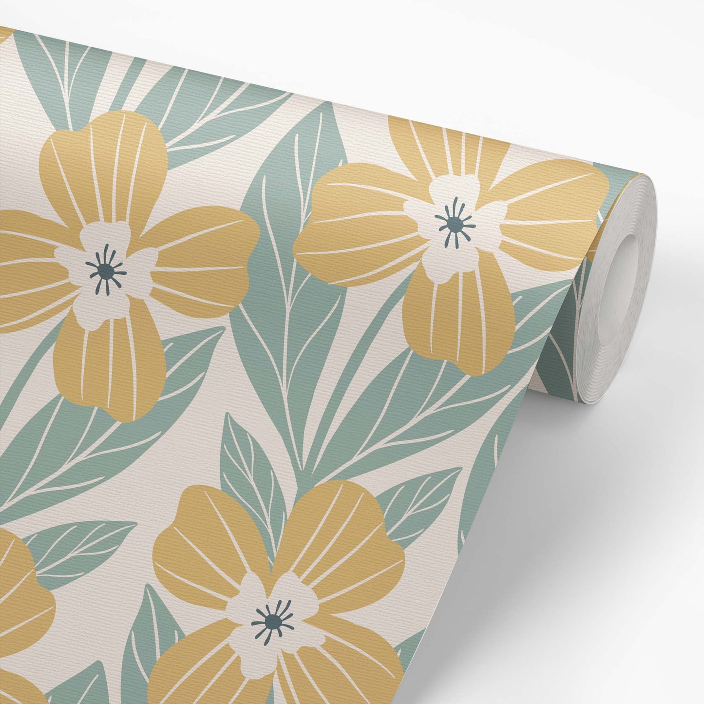 Garden Poppies Wallpaper - Yellow and Sage