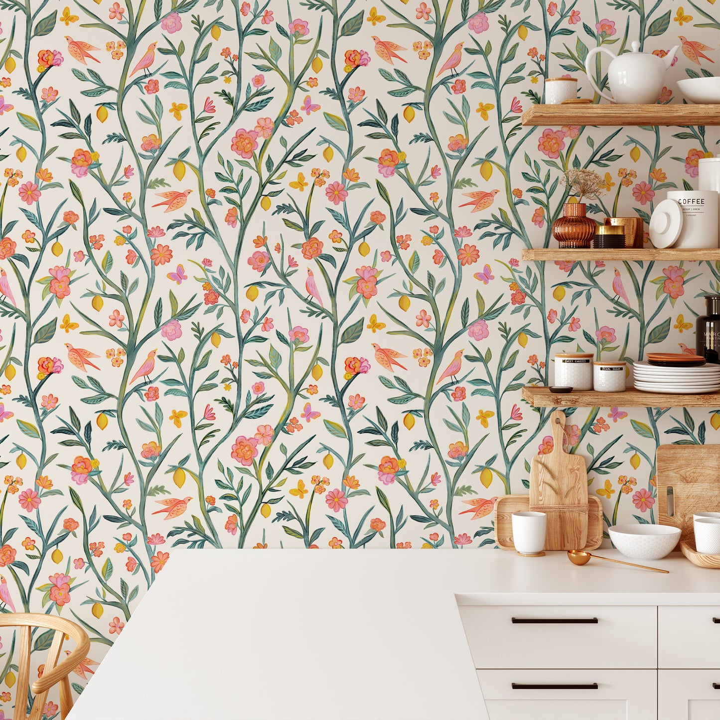 Bedroom featuring Iris + Sea Garden Vines- Multi Peel and Stick Wallpaper - a floral pattern