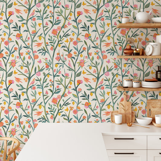 Bedroom featuring Iris + Sea Garden Vines- Multi Peel and Stick Wallpaper - a floral pattern