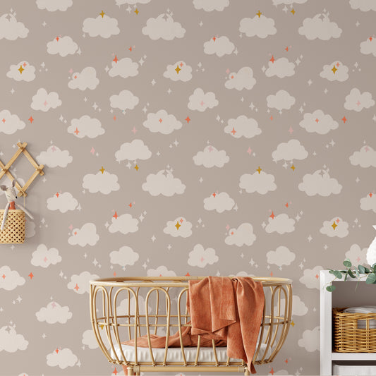 Bedroom featuring Iris + Sea In the Clouds- Neutral with a cloud pattern