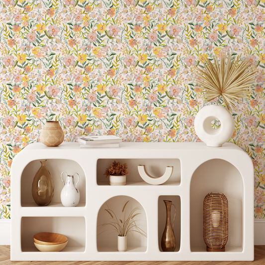 Bedroom featuring Iris + Sea Layne Floral- Neutral Peel and Stick Wallpaper - a floral pattern