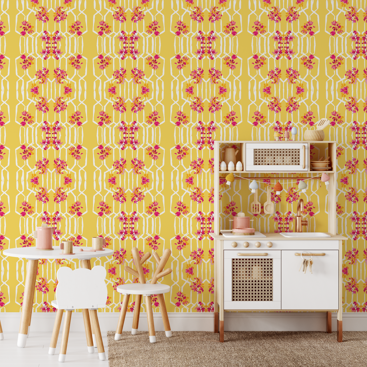 Bedroom featuring Iris + Sea Romance Trellis- Yellow - a colorful geometric and floral pattern peel and stick wallpaper