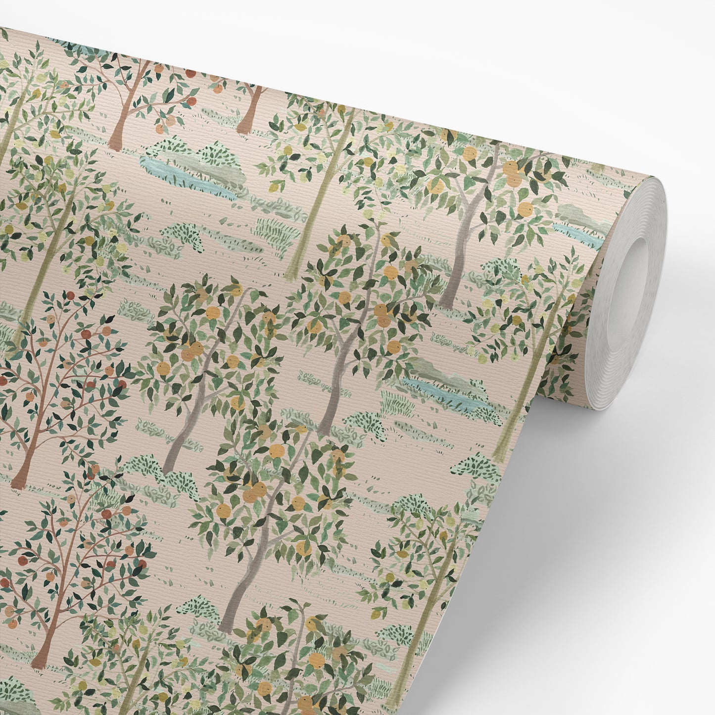 Wallpaper panel featuring our Jemma Peel and Stick Wallpaper with a forest of green trees, yellow and orange fruit, and forest ponds. Art by Jackie O'Bosky.