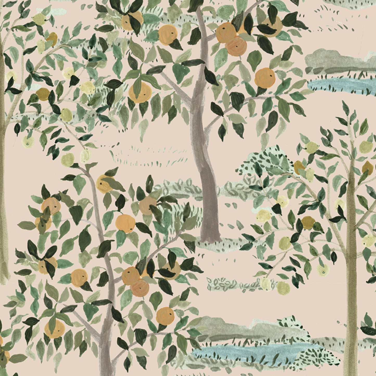 Close up of our Jemma Peel and Stick Wallpaper with a forest of green trees, yellow and orange fruit, and forest ponds. Art by Jackie O'Bosky.