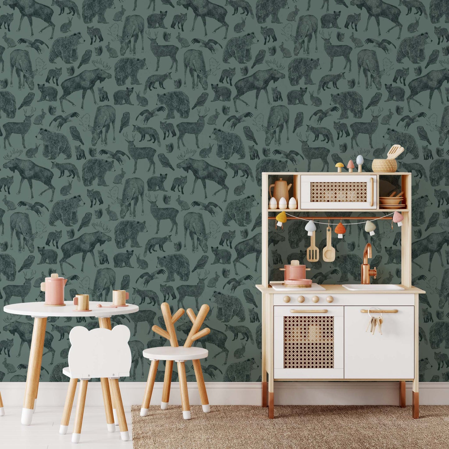 Bedroom featuring Cayla Naylor Kenai- Cyprus Peel and Stick Wallpaper - a nature inspired pattern