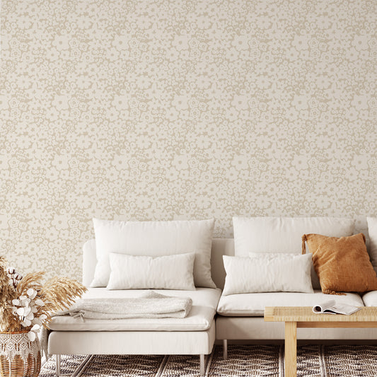 Bedroom featuring Iris + Sea Leah Simple Floral- Sand Peel and Stick Wallpaper - a floral pattern
