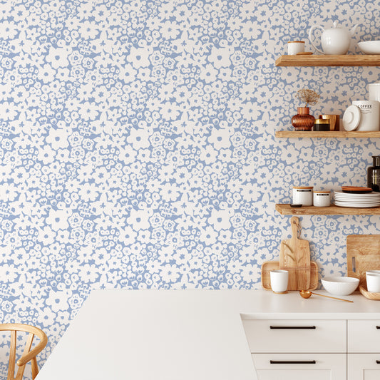 Bedroom featuring Iris + Sea Leah Simple Floral- Blue Peel and Stick Wallpaper - a floral pattern