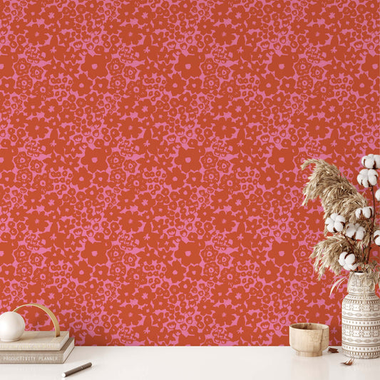 Bedroom featuring Iris + Sea Leah Simple Floral- Red Peel and Stick Wallpaper - a floral pattern