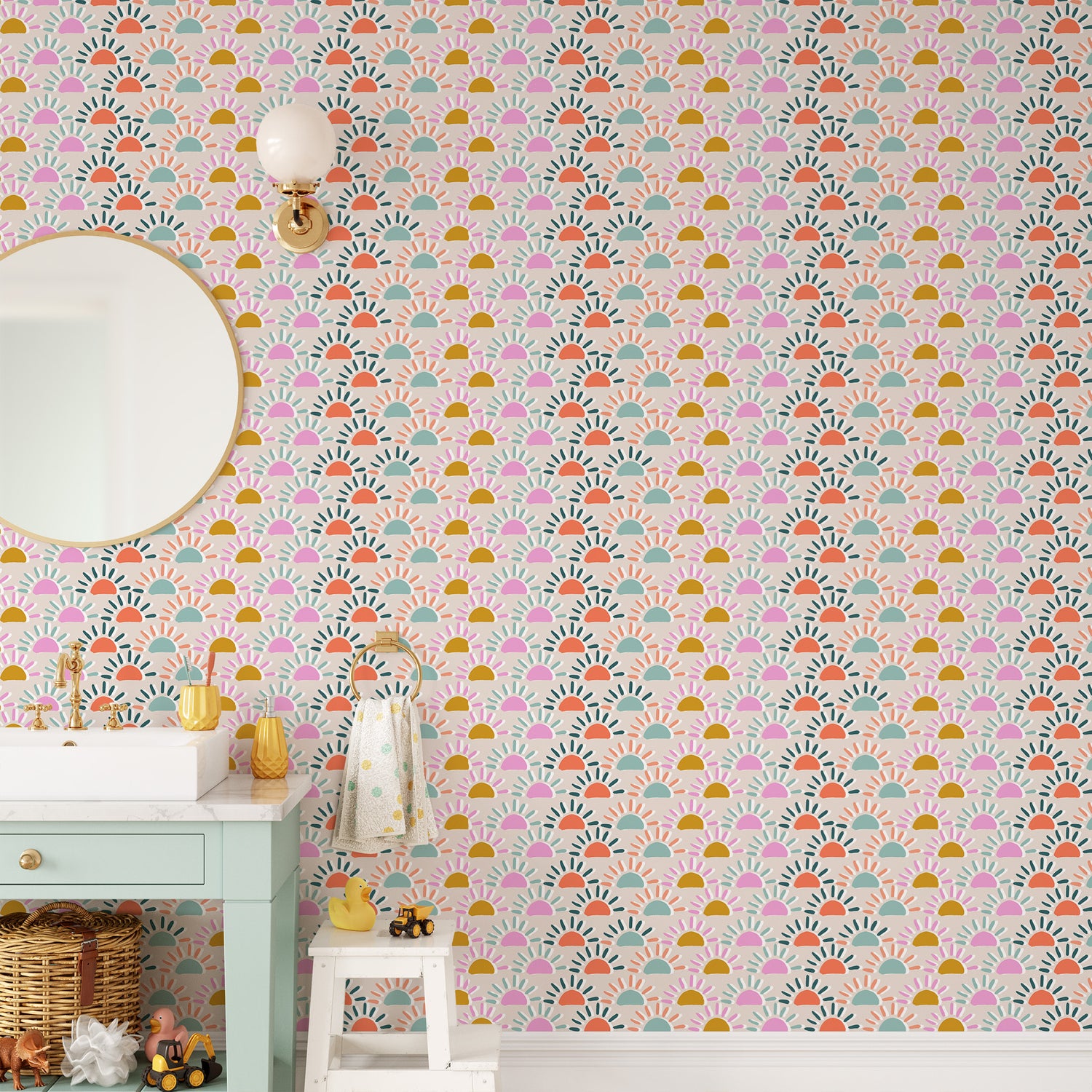 Bathroom featuring Iris + Sea Little Sunshine- Multi a colorful sun pattern