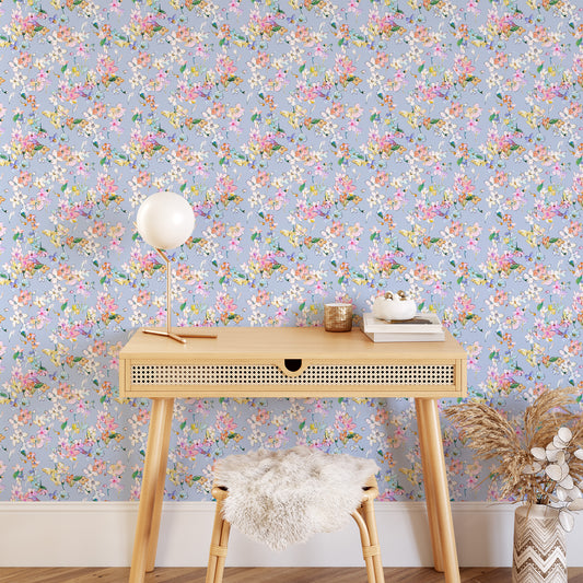 Bedroom featuring Iris + Sea Lorlei Watercolor Floral- Blue Multi- a floral pattern