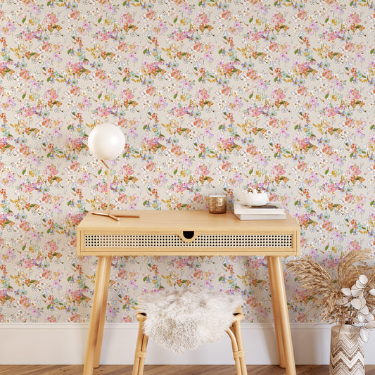 Bedroom featuring Iris + Sea Lorlei Watercolor Floral- Neutral Multi- a floral pattern